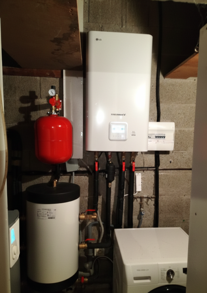 Unité intérieure de pompe à chaleur air-eau installée dans un local technique résidentiel